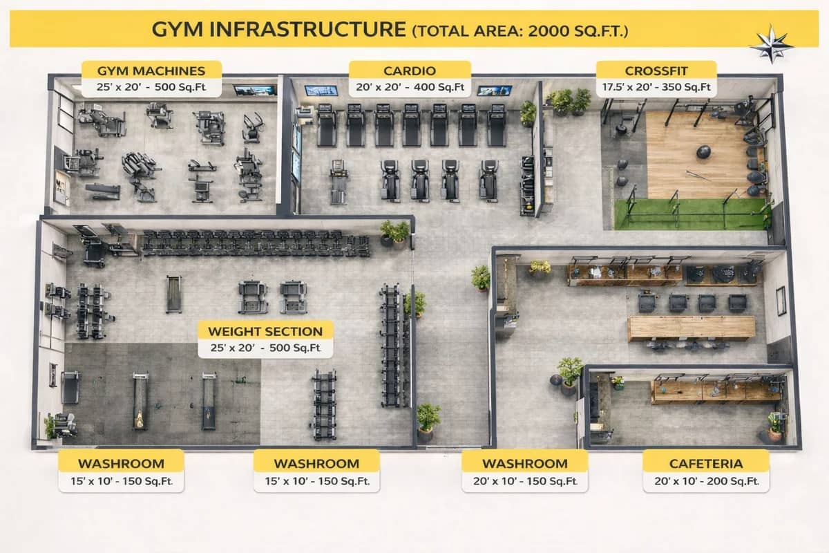 Gym infrastructure floor plan, 2000 sq.ft.