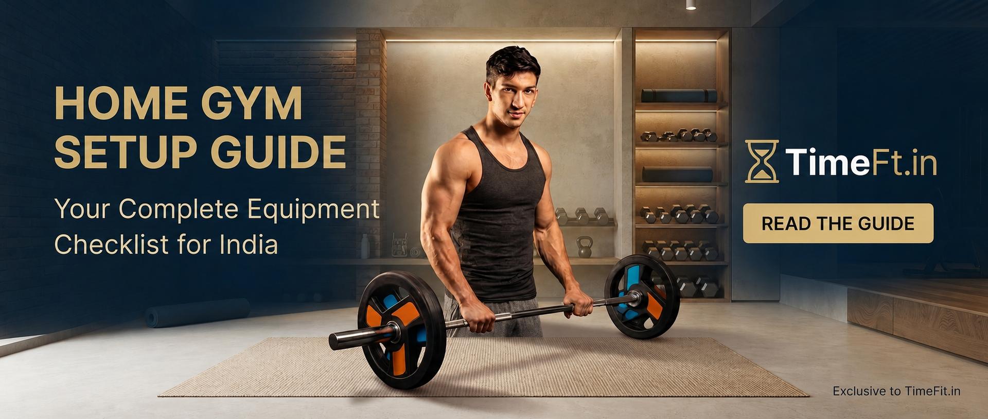 Well-equipped home gym corner with a treadmill, adjustable bench and racked accessories