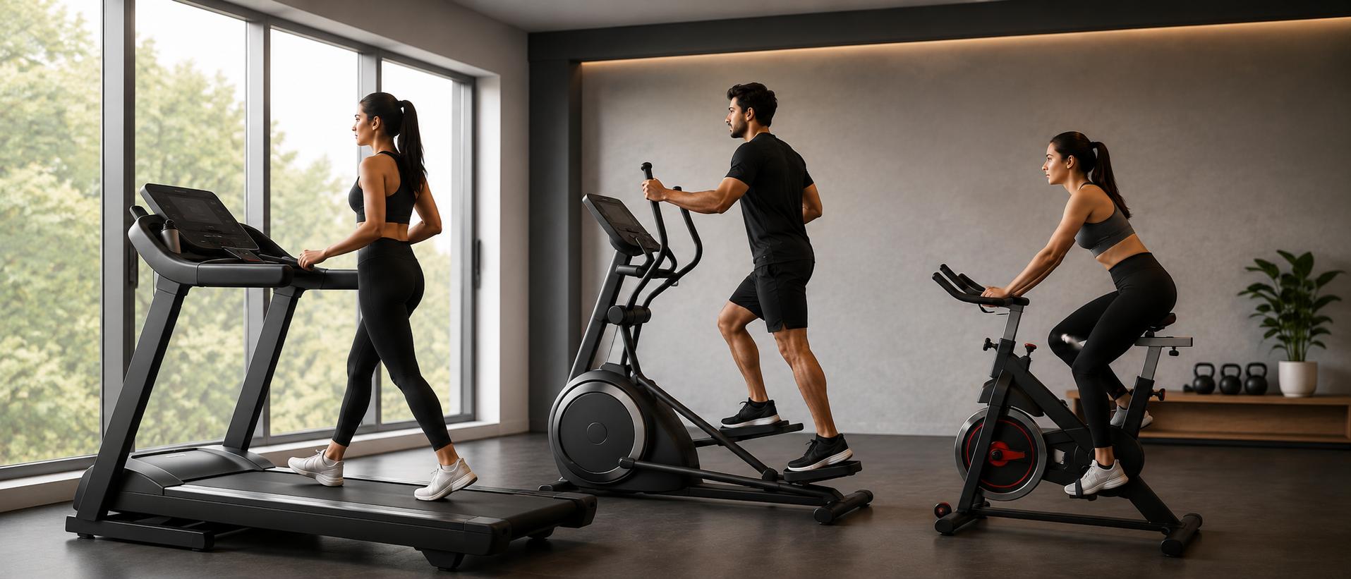 Home cardio setup with a treadmill, cross trainer and spin bike side by side